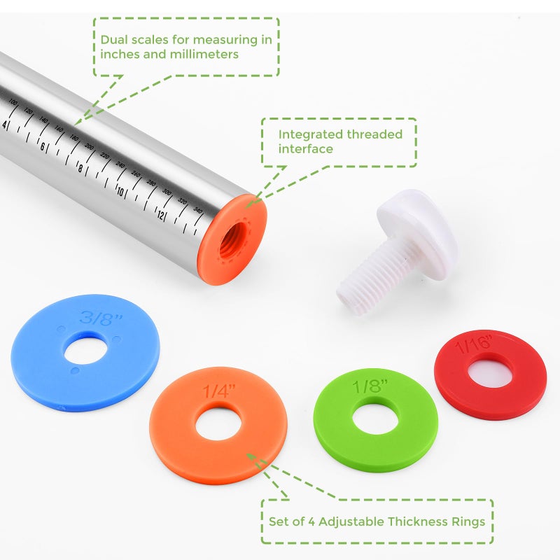 AMUZHI Rolling Pin nonstick and Silicone Baking Pastry Mat combo kit, Adjustable Rolling Pin With Thickness Rings for Baking Fondant, Pizza, Pie, Pastry, Pasta, Dough, Cookies (red) - Image 5